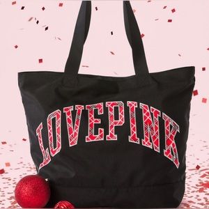 Brand New with tags, PINK Large Tote Bag Black with Red/Black Plaid Writing.